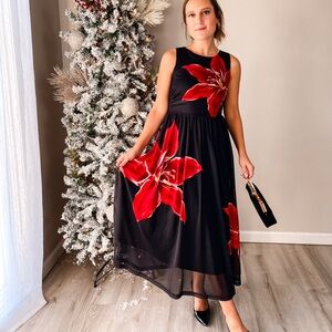 Sleeveless Black Maxi Dress with Red Floral Accent